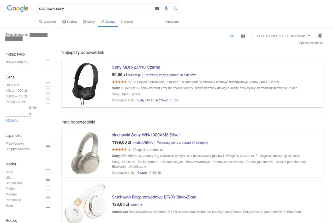 Szukasz jak dodać słuchawki Sony do google zakupy? Oto wyniki wyszukiwania z cenami i porównaniem ofert.