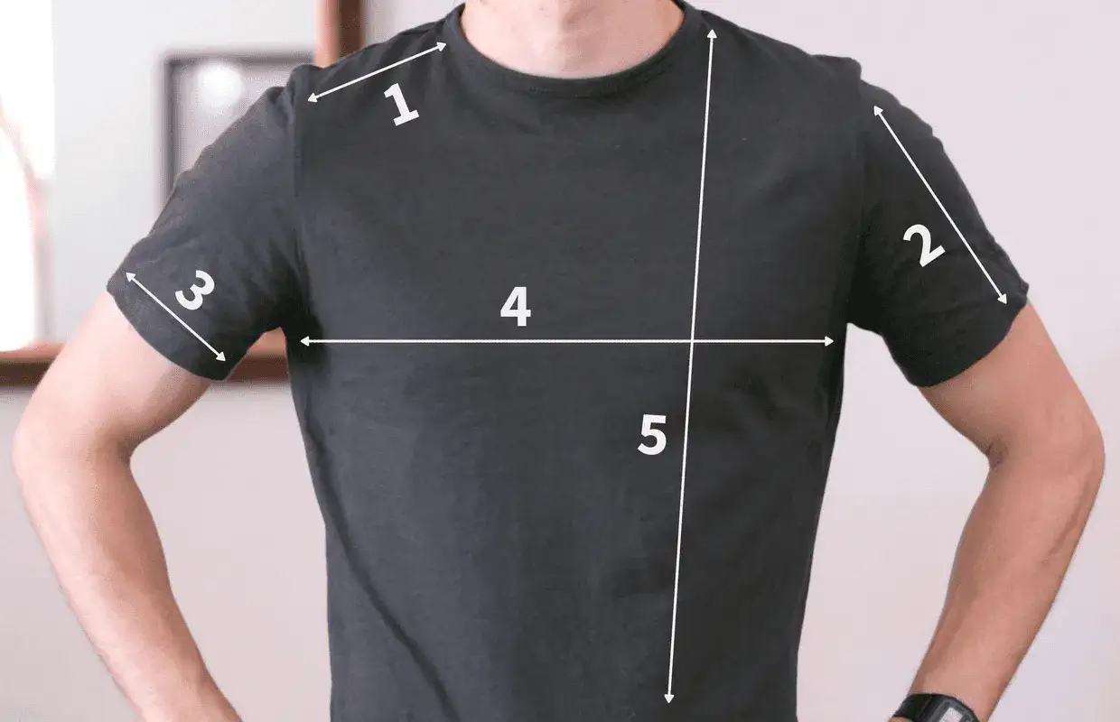 Ma&szlig;anleitung f&uuml;r T-Shirts: So ermittelst du, wie lang ein T-Shirt sein sollte. Messungen 1-5 zeigen Schulterbreite, &Auml;rmell&auml;nge und Brustumfang.