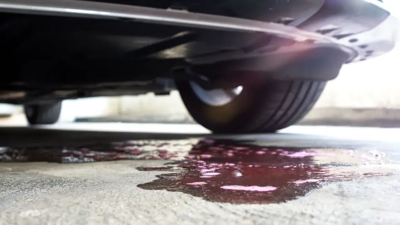 Une flaque de liquide de refroidissement rose vif sous une voiture indique une fuite.