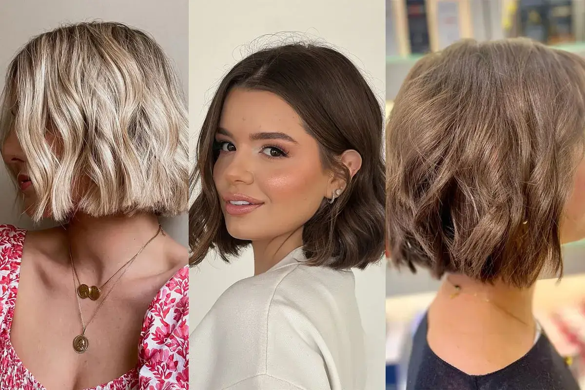 Trzy kobiety prezentują stylowy bob falowany. Jasny blond, brąz i odcień taupe – każda fryzura podkreśla urodę.