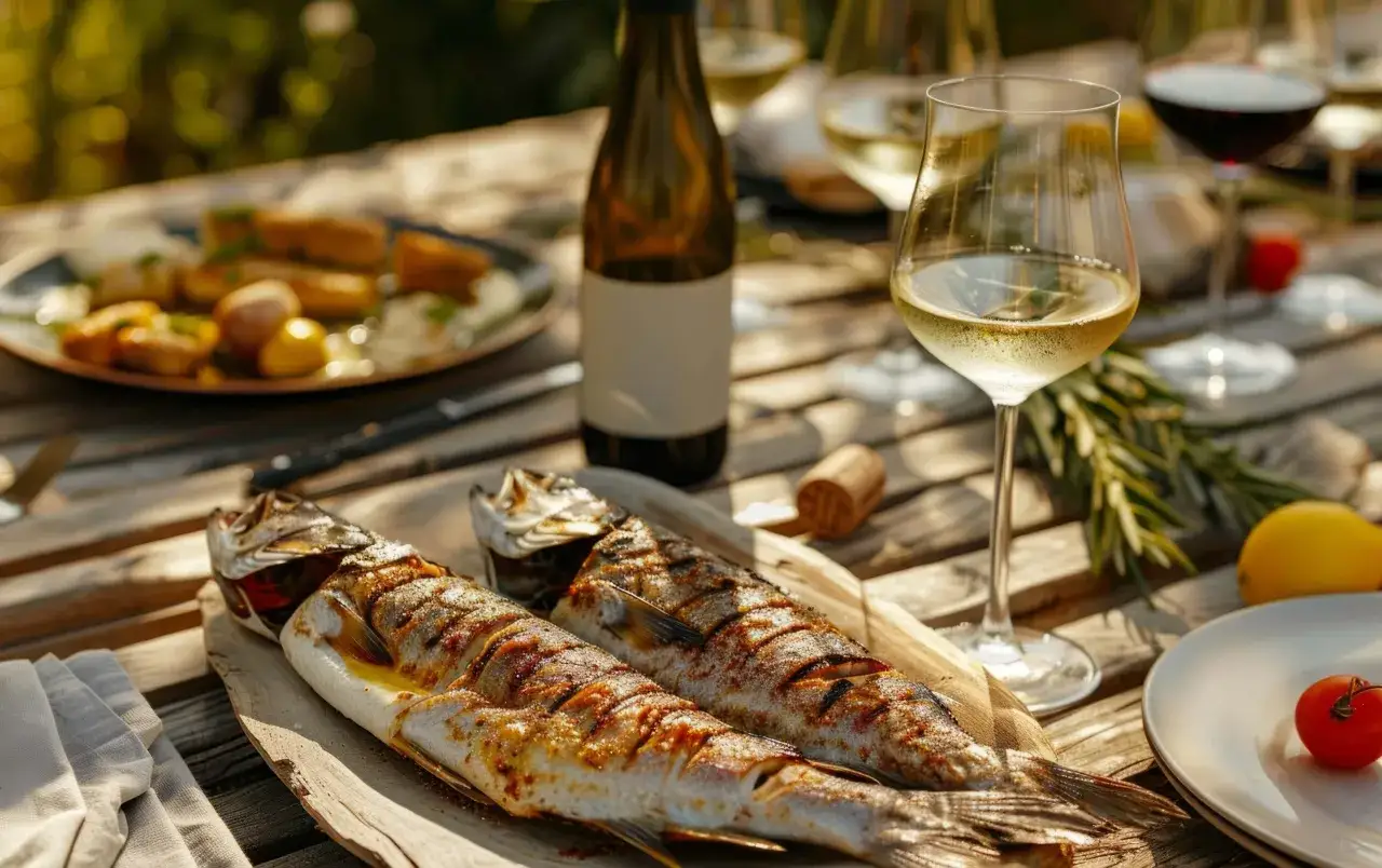 Due pesci grigliati su un tavolo di legno, con bicchieri di vino bianco e rosso, limone e pomodorini. Un'atmosfera da **porto bianco** e relax.
