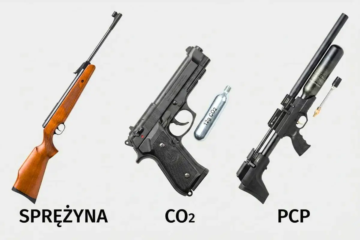 Wiatrówka na gaz CO2 obok pistoletu i karabinka PCP. Różne rodzaje broni pneumatycznej.
