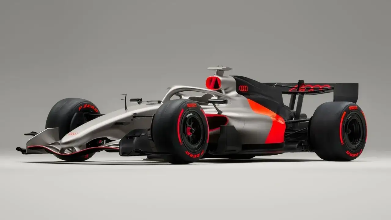 El coche de **Audi F1** plateado y negro con detalles en rojo brillante, listo para la velocidad.