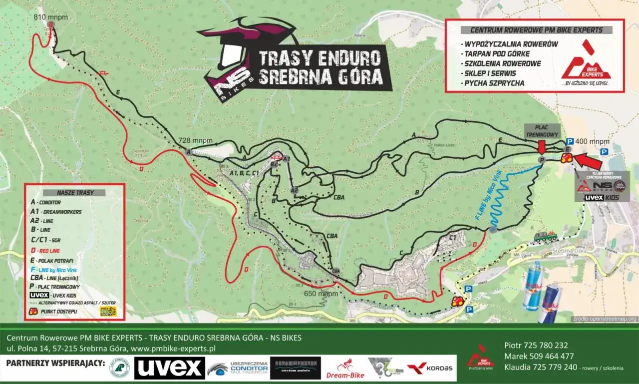Mapa tras enduro Srebrna Góra z zaznaczonymi single track glacensis.