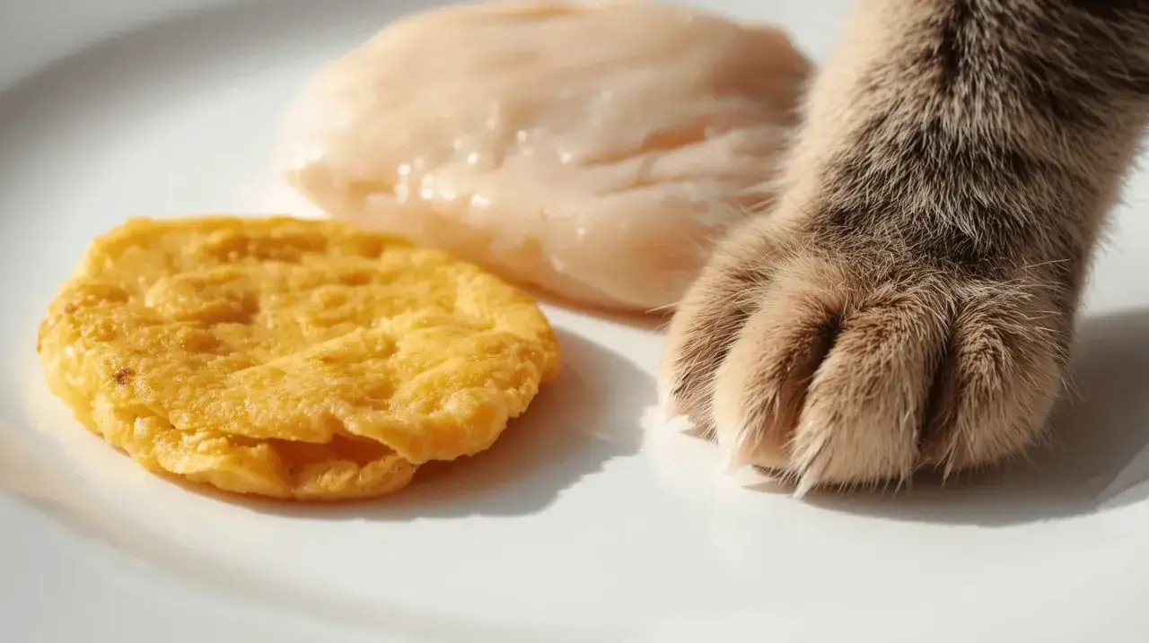 A cat's paw reaches for a plate with cooked chicken and a golden omelet, hinting at the question: can cats eat eggs?