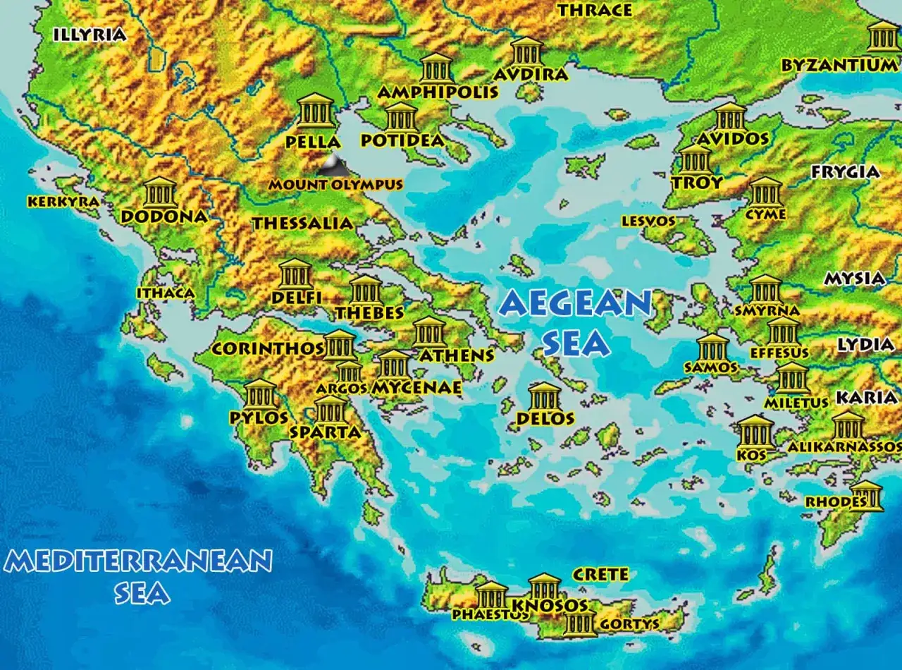 Karte des antiken Griechenlands mit Städten wie Athen, Sparta und Kreta. Zeigt das Ägäische Meer und wichtige historische Stätten.