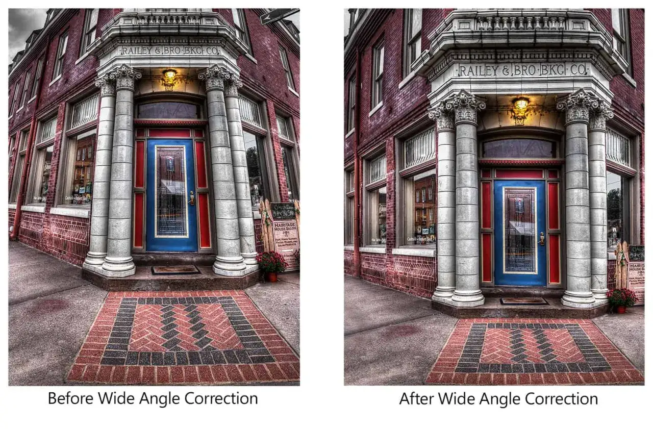 Fachada de edificio antiguo con puerta azul y columnas. Comparativa de corrección de lente gran angular.