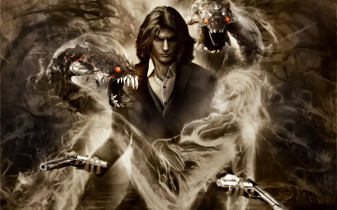 Mroczny mężczyzna z dwoma pistoletami, otoczony przez drapieżne, dymne istoty. To The Darkness 2.