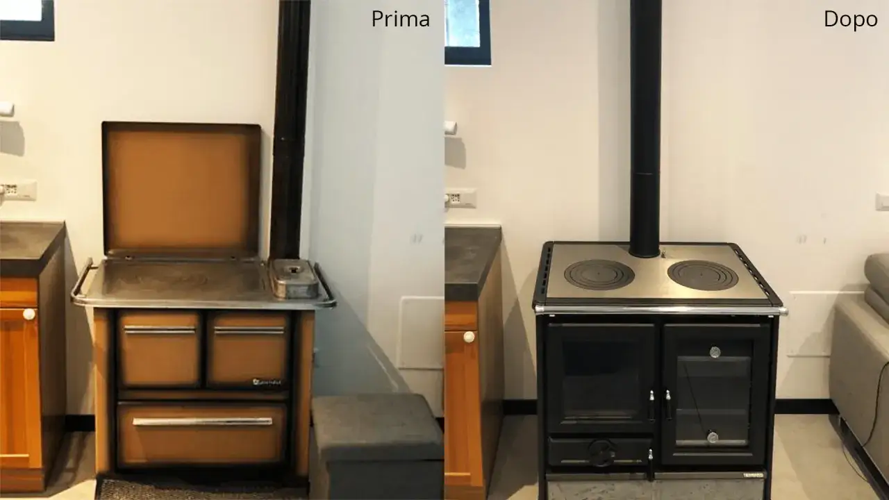 Prima e dopo: vecchia stufa a legna sostituita con moderna stufa a pellet, ideale per il GSE Conto Termico.