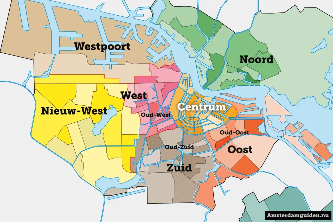 Kolorowa mapa Amsterdamu z zaznaczonymi dzielnicami: Centrum, Noord, Oost, Zuid, West, Nieuw-West, Westpoort. Tw&oacute;j amsterdam przewodnik.