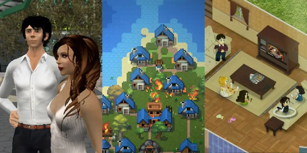 Trzy gry: para w stylu Sims, pikselowa wioska w płomieniach i rodzina w salonie.