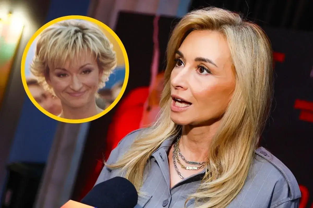 Martyna Wojciechowska w szarej koszuli, obok jej zdjęcie z przeszłości, gdyby mogła pozować do Playboya.