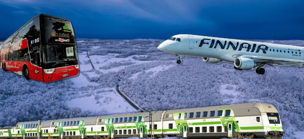 Flugzeug, Zug und Bus &uuml;ber verschneiter Landschaft. So kommt man nach Lappland.
