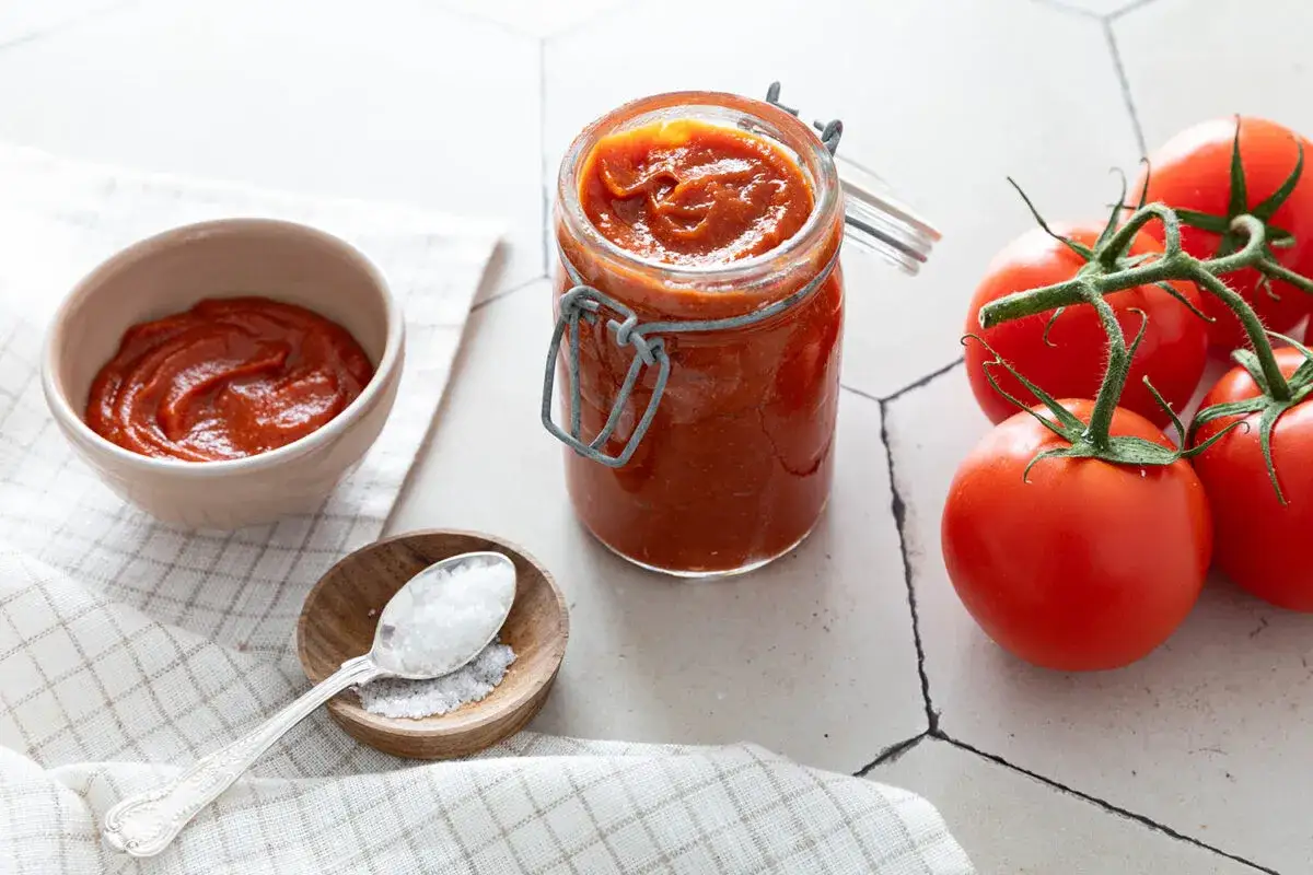 Un pot de coulis de tomates maison, des tomates fra&icirc;ches et une cuill&egrave;re de sel, pr&ecirc;ts pour une recette savoureuse.