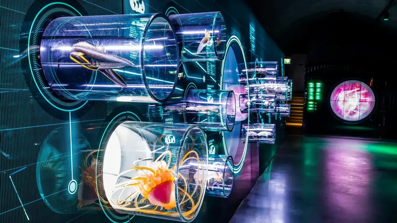 Futuristische Ausstellung im Hydropolis Breslau: Meeresbewohner in leuchtenden R&ouml;hren, umgeben von digitalen Grafiken.