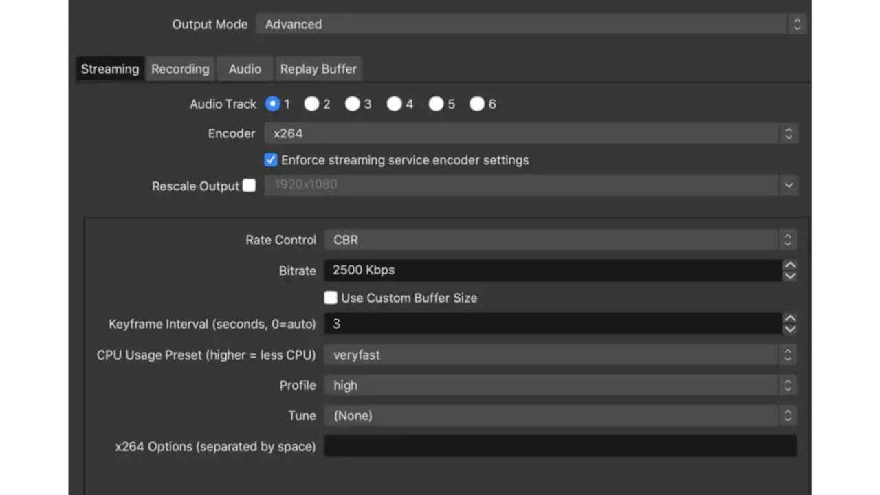 OBS-Einstellungen: Bitrate auf 2500 Kbps, Encoder x264, Aufl&ouml;sung 1920x1080.