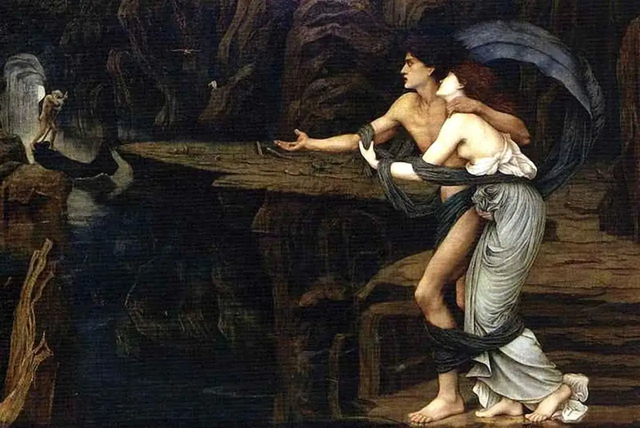 Orfeusz w mroku, z wyciągniętą ręką, próbuje przyciągnąć Eurydykę, która odwraca się, gdy opuszczają Hades. Mit o Orfeuszu i Eurydyce.