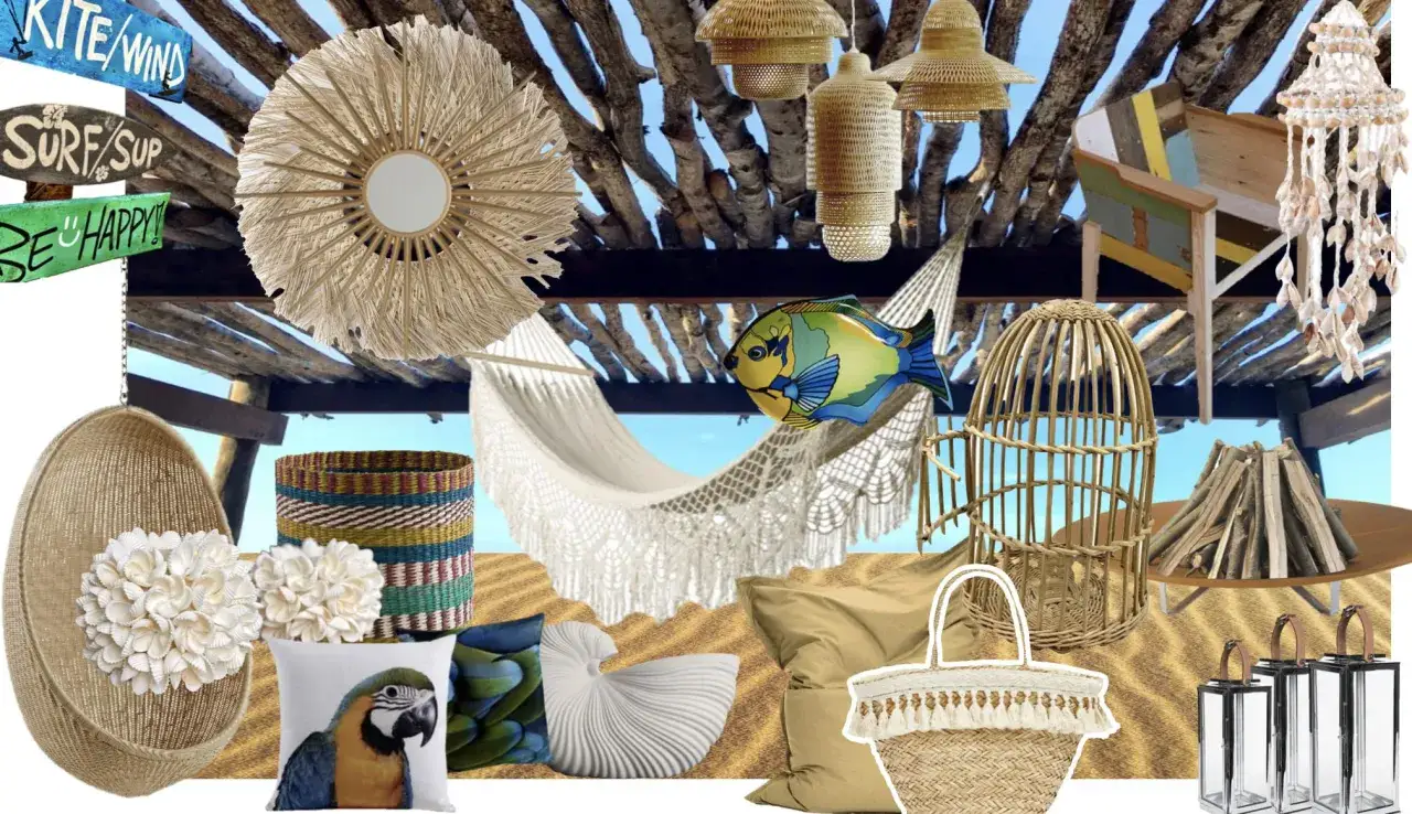 Ambiance de r&ecirc;ve pour une deco cabane de plage : hamac, coussins, paniers, lanternes, miroir en rotin et un poisson color&eacute;.