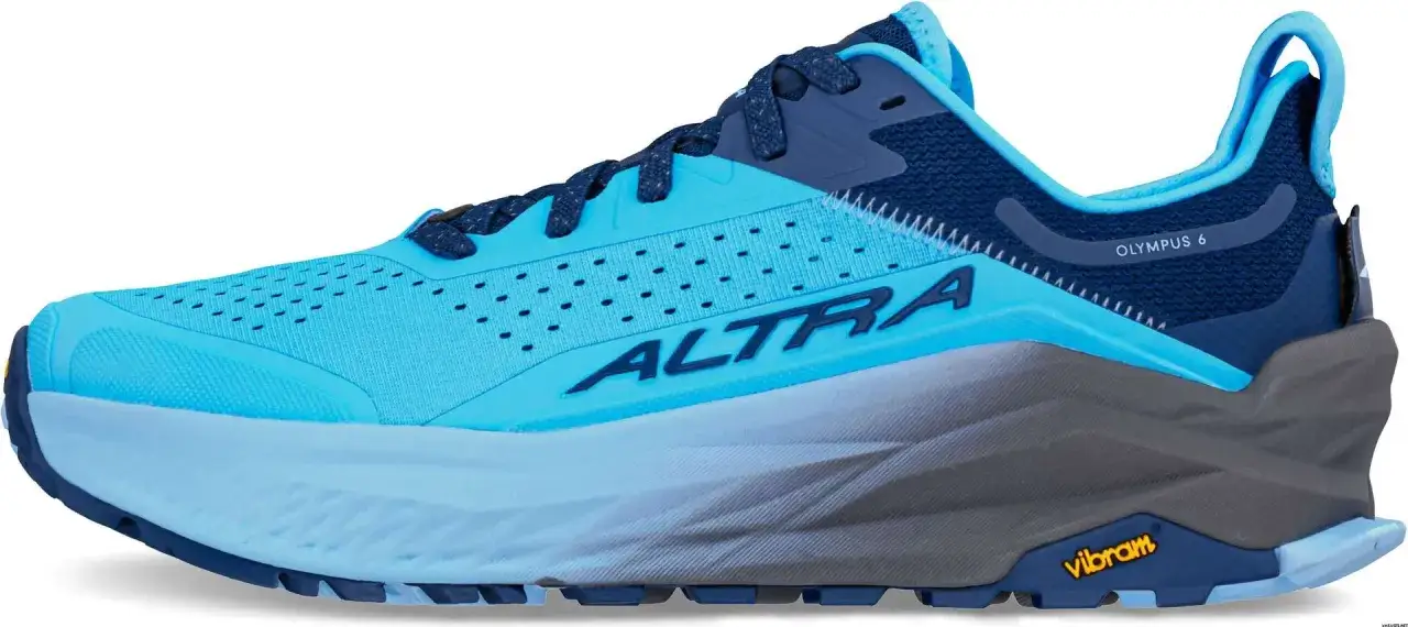 Niebieski but trailowy Altra Olympus 6 z logo Vibram na podeszwie.