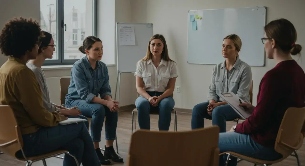 Grupa kobiet siedzi w kręgu, dzieląc się swoimi doświadczeniami, by wspólnie pokonać cierpienie psychiczne.