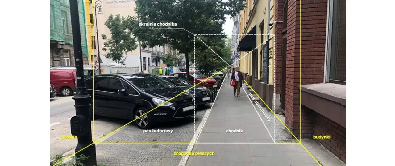 samochód parkujący na chodniku z zachowaniem odległości dla pieszych
