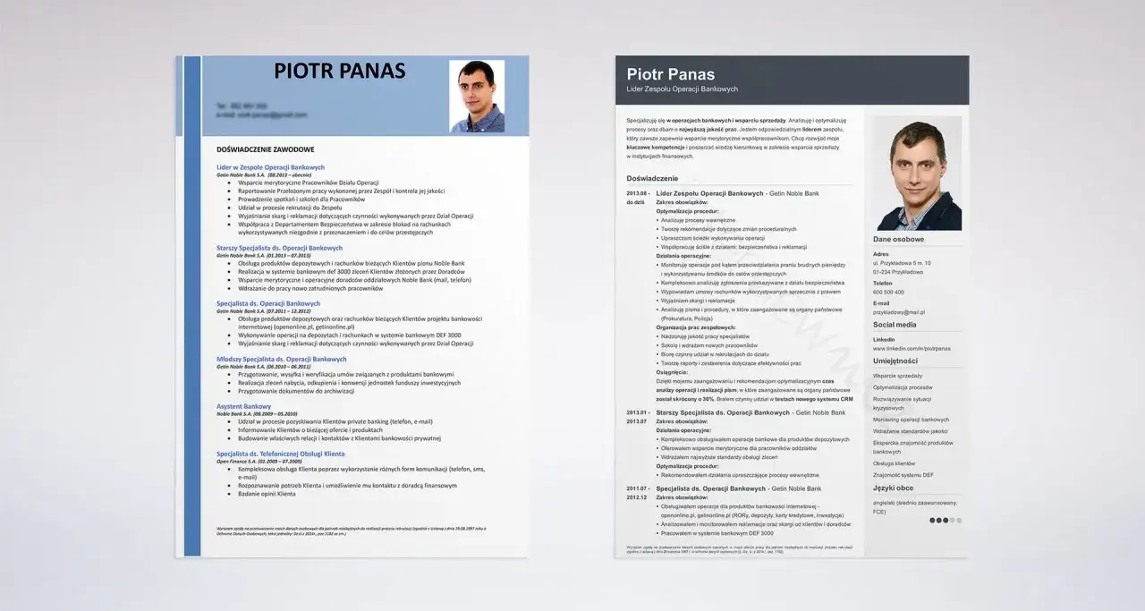 Piotr Panas, lider zespołu operacji bankowych, szuka nowych wyzwań. Jego CV zawiera pytania na rozmowie kwalifikacyjnej dotyczące doświadczenia i umiejętności.