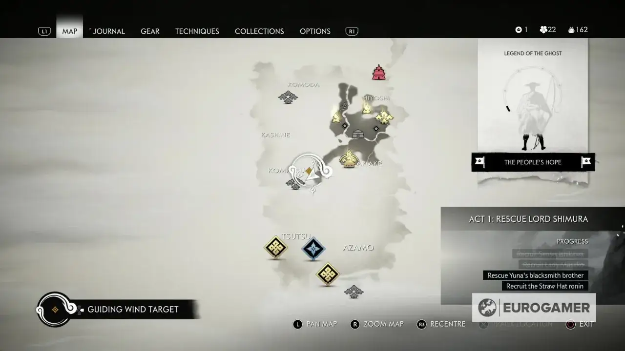 Mapa de Tsushima con marcadores de misiones. El jugador navega por la isla, siguiendo los relatos miticos de Ghost of Tsushima para completar el Acto 1: Rescatar al Se&ntilde;or Shimura.