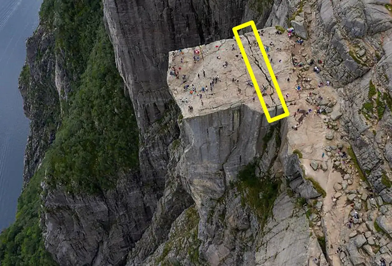 Na szlaku z objawami lęku wysokości, łańcuchy pomagają pokonać trudne odcinki. Turyści na Preikestolen.