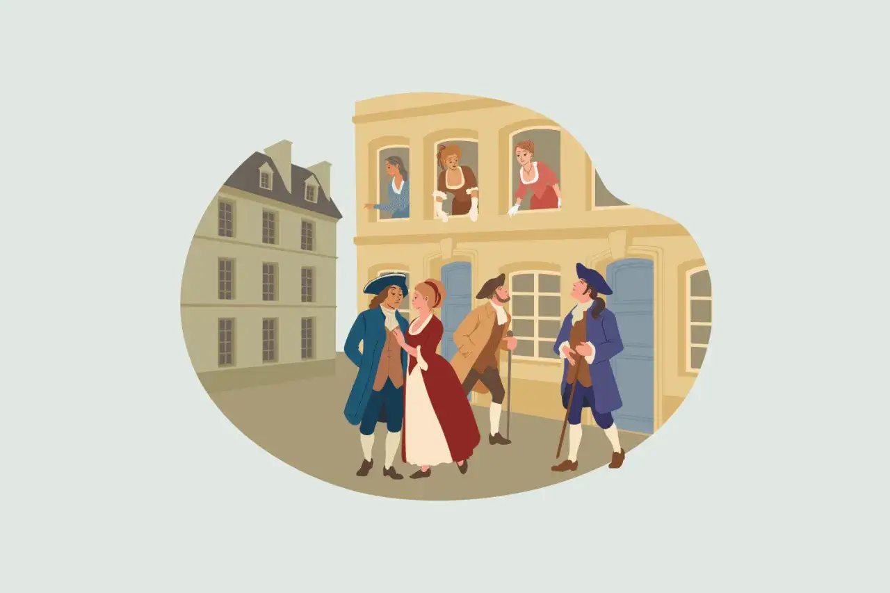 Escena de la antigua lengua francesa: hombres y mujeres con vestimenta de época interactúan en una calle adoquinada frente a edificios históricos.