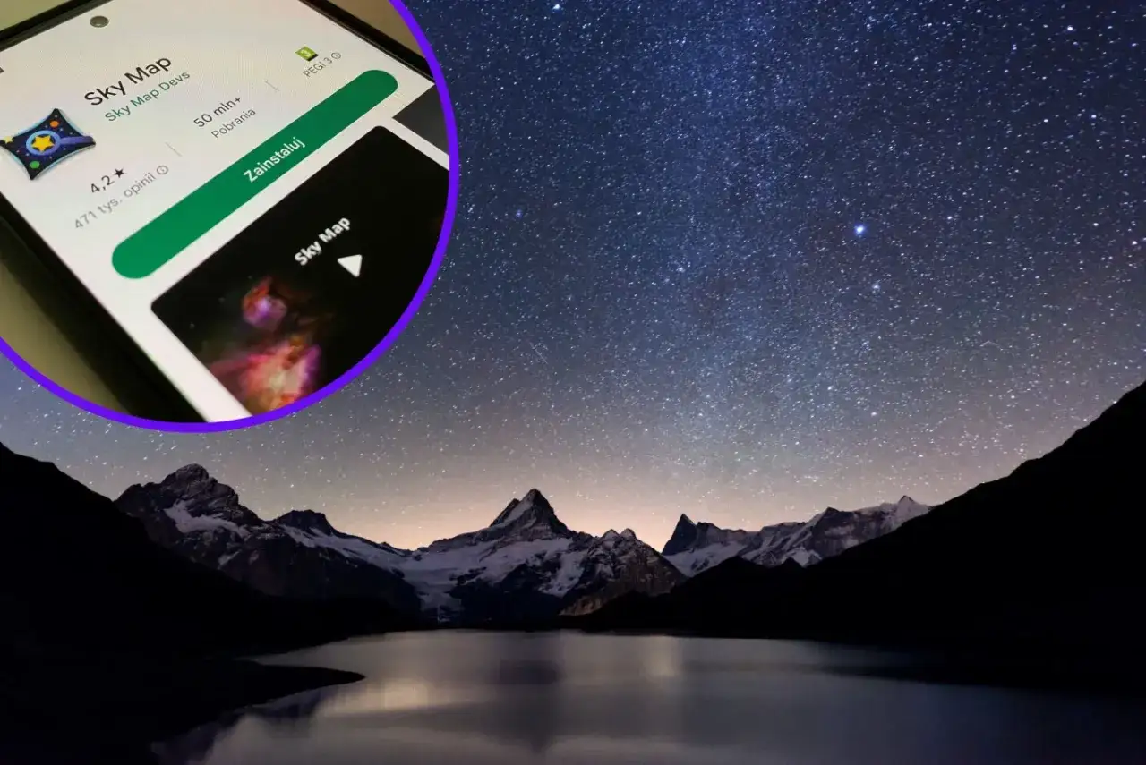 Aplikacja do obserwacji nieba po polsku, Sky Map, gotowa do instalacji na tle g&oacute;rskiego krajobrazu pod rozgwieżdżonym niebem.