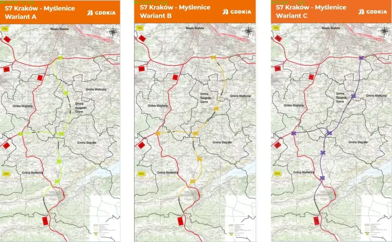 Trzy warianty przebiegu S7 Kraków - Myślenice: A (zielony), B (żółty), C (fioletowy). Mapa pokazuje gminy: Mogilany, Świątniki Górne, Wieliczka, Siepraw, Myślenice.