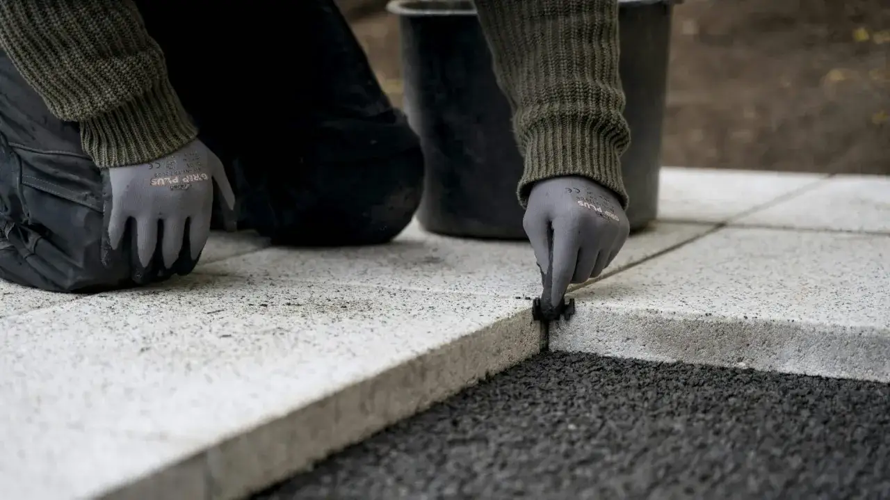 Arbeiter verfugt Terrassenplatten mit einem Werkzeug.