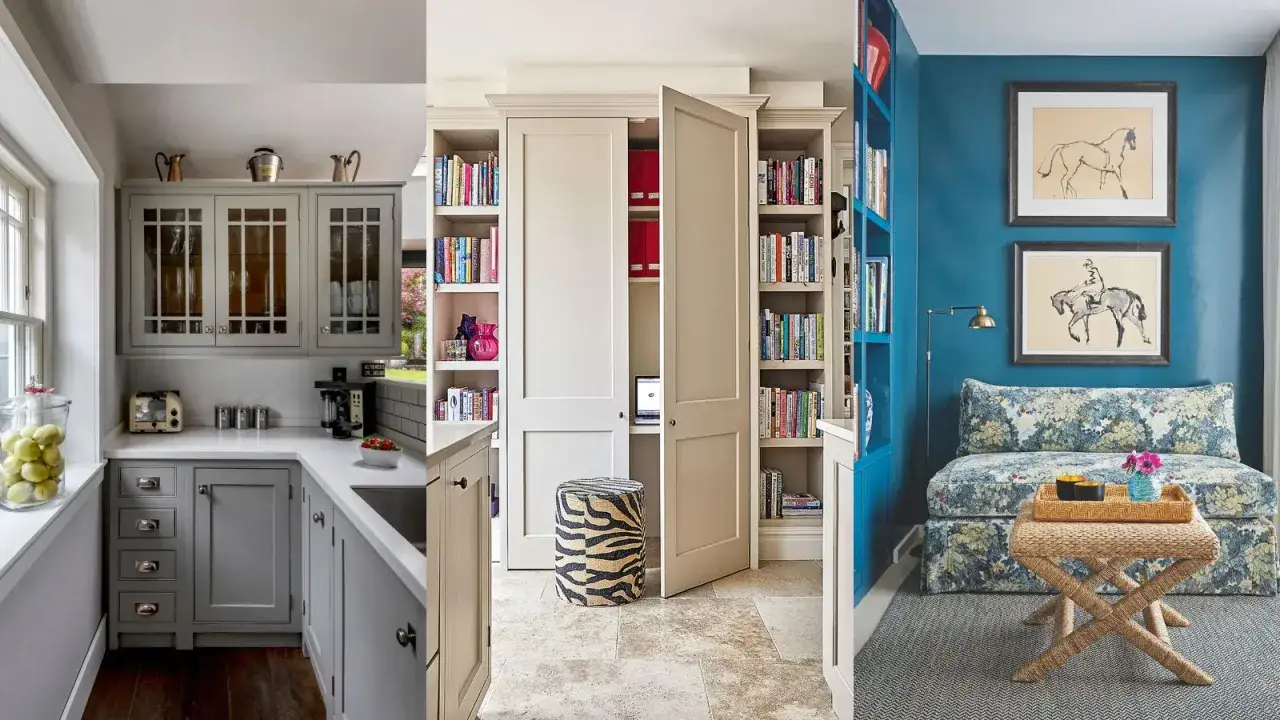 Smart storage solutions for how to furnish a small apartment: a compact kitchen, hidden office, and cozy reading nook.
