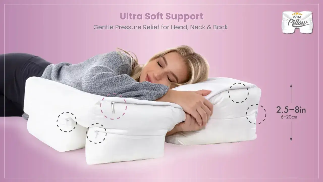 Woman sleeping on a white pillow, designed for side sleepers. This pillow offers ultra soft support and gentle pressure relief, answering the question: cual es la mejor almohada para dormir de lado.