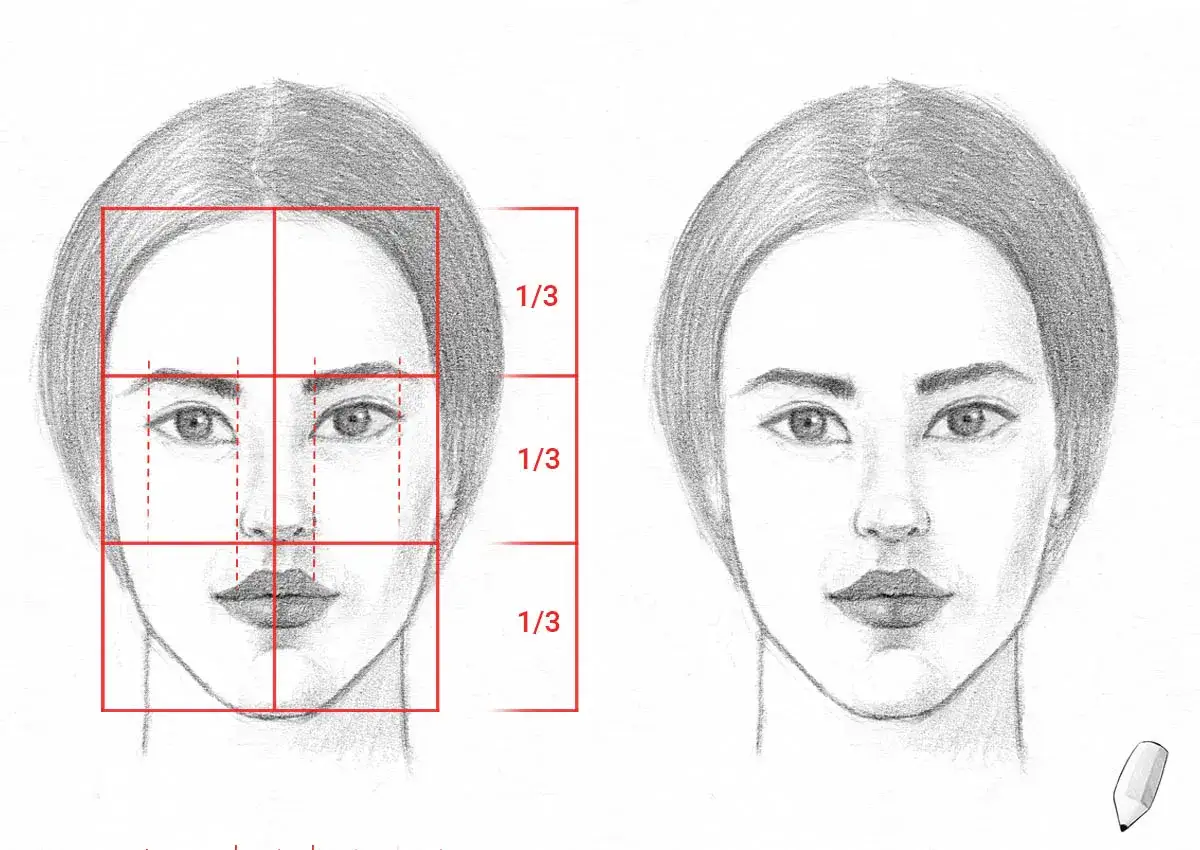 Dessin visage : une étude des proportions faciales avec des lignes rouges guidant la création d'un portrait réaliste.
