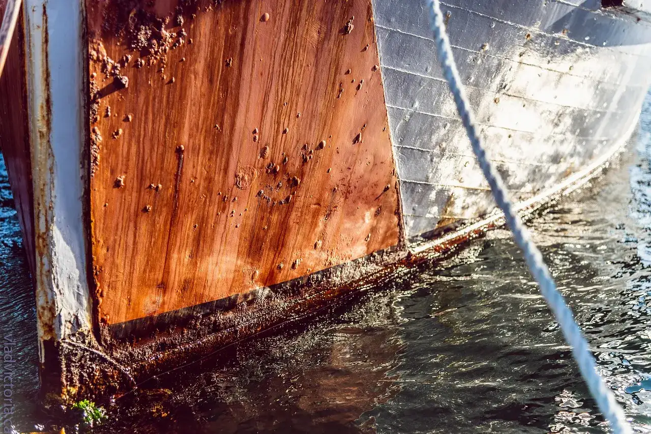 La rouille sur la coque d'un bateau suggère un besoin urgent d'étanchéifier la coque. Le bateau est amarré, la corde blanche est visible.