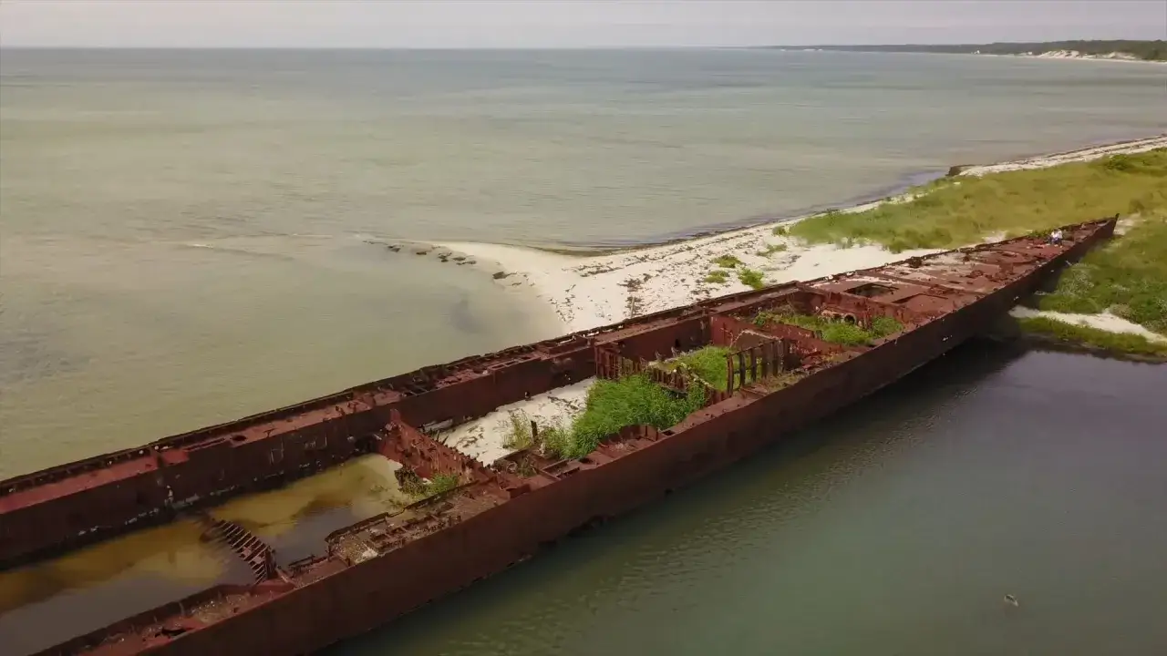 Zardzewiały wrak statku na plaży, idealne miejsce na zwiedzanie portu wojennego Hel.