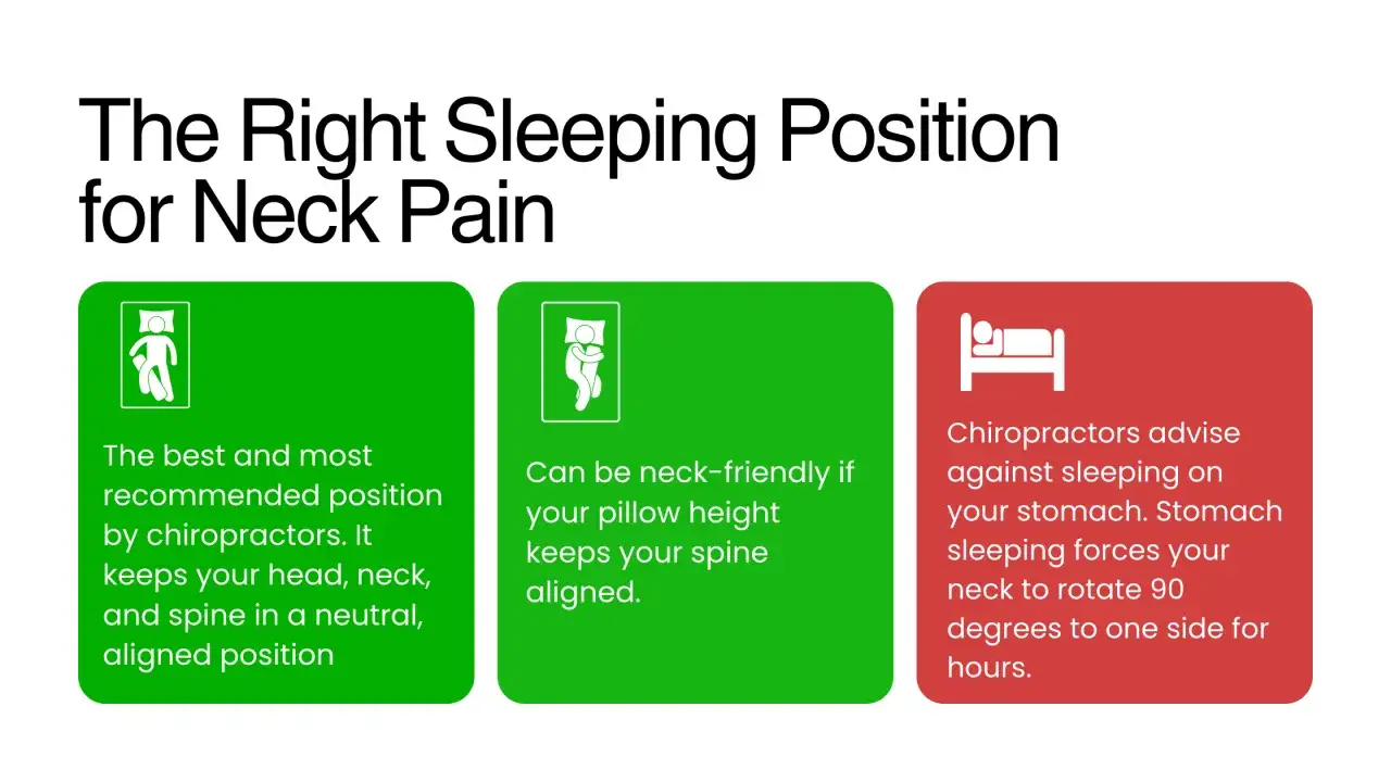 Infographic on sleeping positions for neck pain. One panel highlights pillow thickness for spinal alignment.