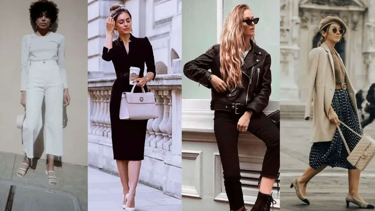 Quatre femmes présentent différents styles vestimentaires : blanc monochrome, robe noire chic, perfecto rock et tenue élégante avec manteau beige.