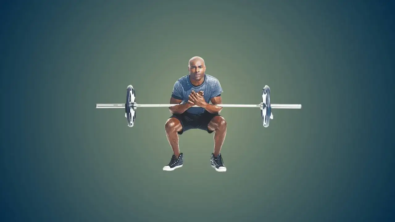Man utför en zercher squat med en skivstång vilande i armvecken.