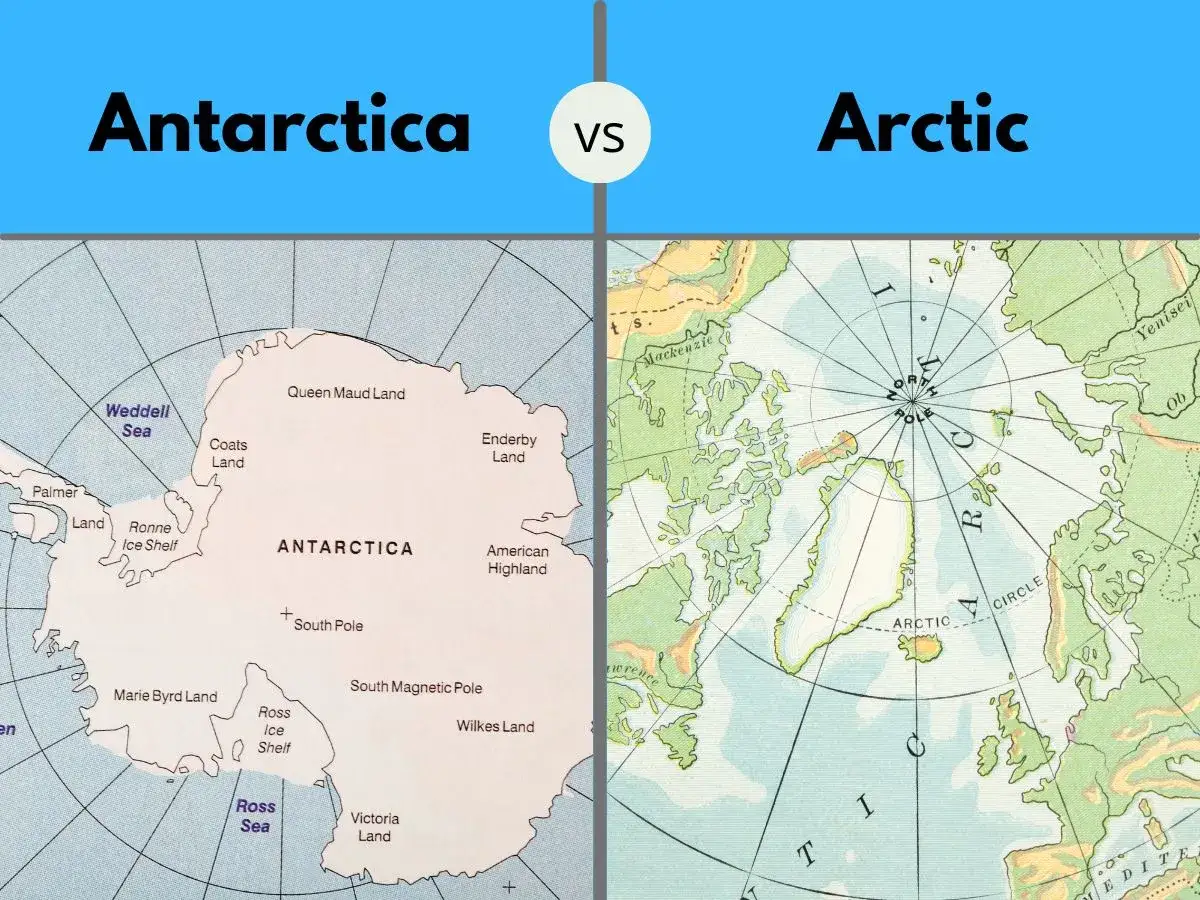 Porównanie map Arktyki i Antarktydy, ukazujące ich położenie i nazwy geograficzne.