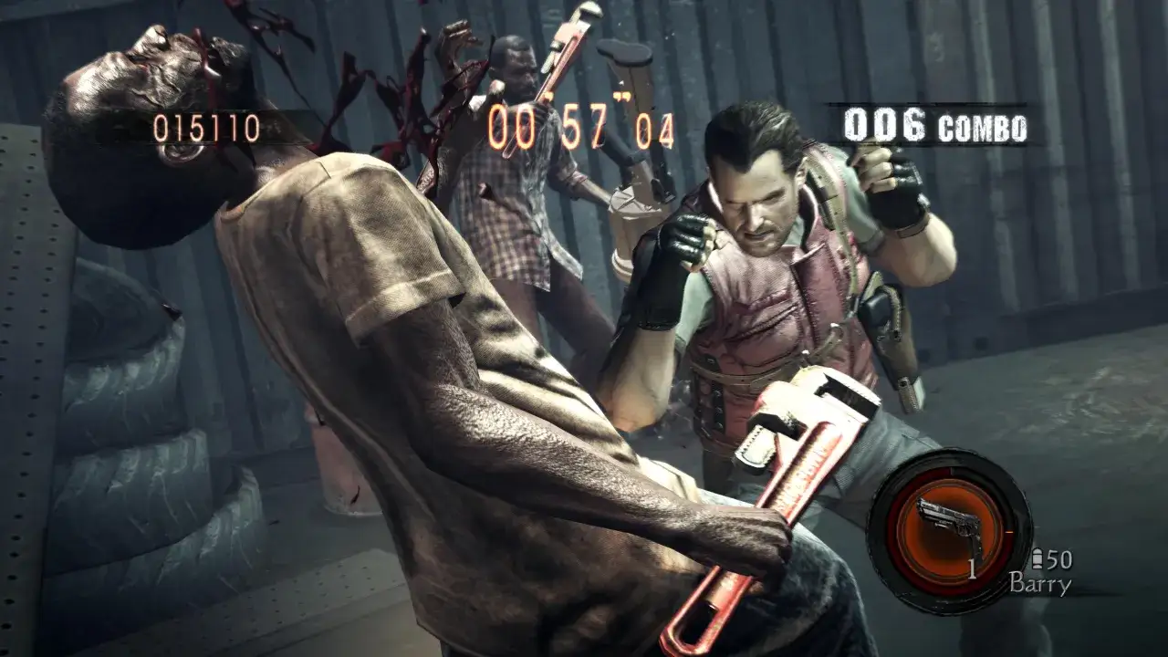 Barry Burton w Resident Evil 5 Remake walczy z zombie, używając klucza francuskiego. Krwawa akcja i licznik combo.