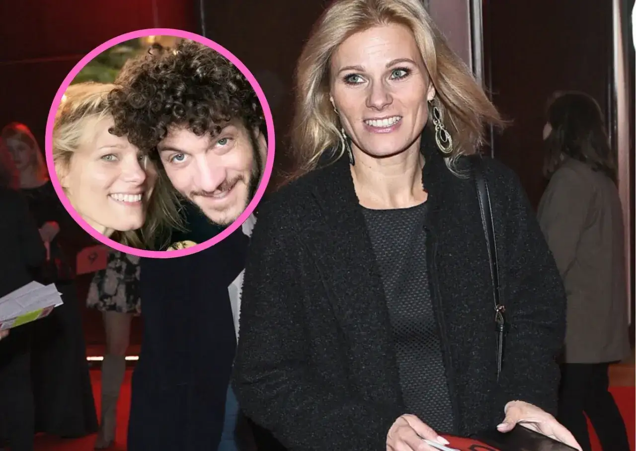 Anna Głogowska z partnerem, uśmiechnięci, w okręgu. Obok Anna Głogowska w czarnym płaszczu.