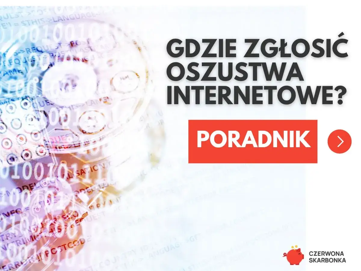 Gdzie zgłosić oszustwa internetowe? Poradnik Czerwonej Skarbonki. Tło z kodem binarnym i dyskiem twardym.
