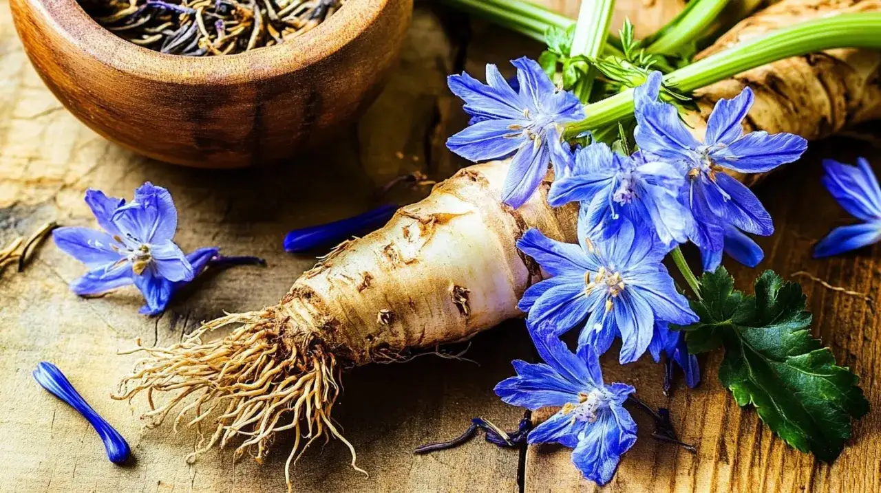 Ra&iacute;z de achicoria con flores azules y un cuenco de t&eacute;. Considera las contraindicaciones de la achicoria antes de su uso.