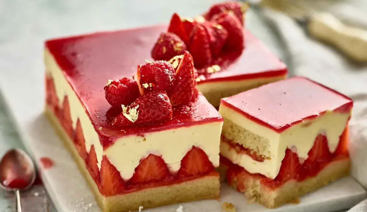 Una deliziosa torta chantilly con strati di pan di spagna, crema e fragole fresche, ricoperta da una gelatina rossa e decorata con frutti di bosco e foglia d'oro.