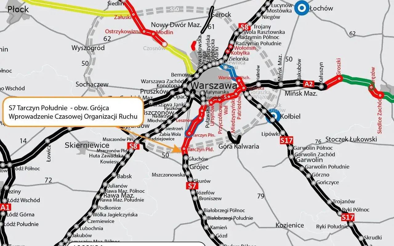 Mapa drogowa okolic Warszawy z zaznaczoną trasą S7 Tarczyn Południe - obw. Gr&oacute;jca, wskazującą na wprowadzenie czasowej organizacji ruchu.