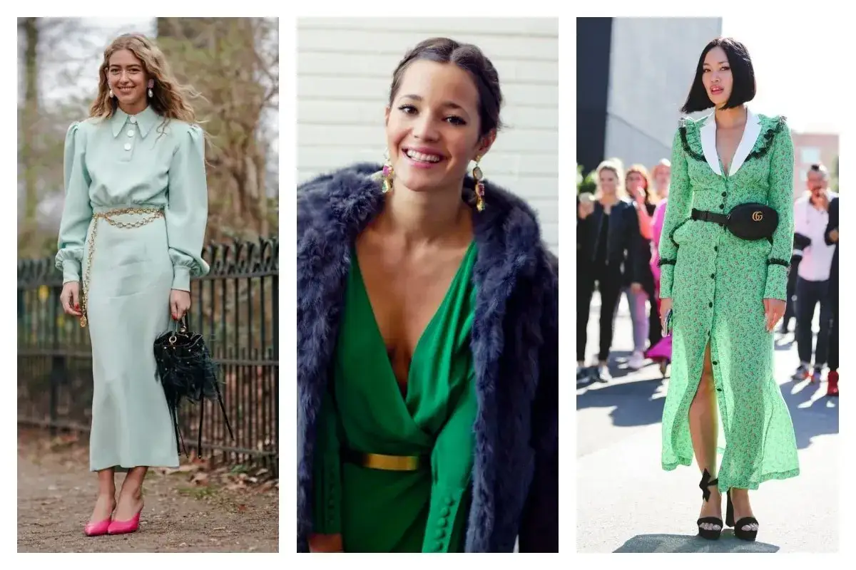 Trois femmes portent des robes vertes. La première, avec une robe vert pâle, choisit des escarpins roses. La deuxième, en robe vert émeraude, porte une fourrure sombre. La troisième, en robe verte à fleurs, opte pour des sandales noires.
