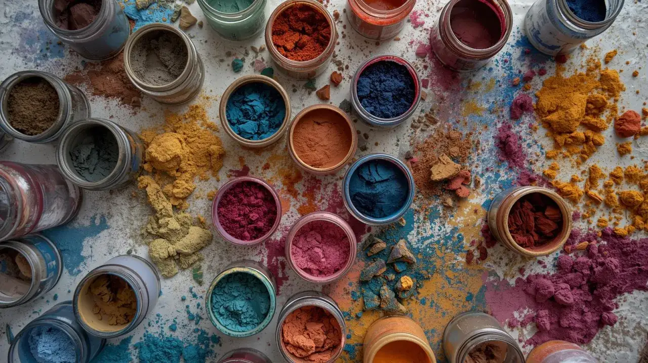 Vasi pieni di pigmenti colorati, polveri sparse ovunque. Un'esplosione di colori che mostra come si forma il nero, mescolando tonalit&agrave; intense.