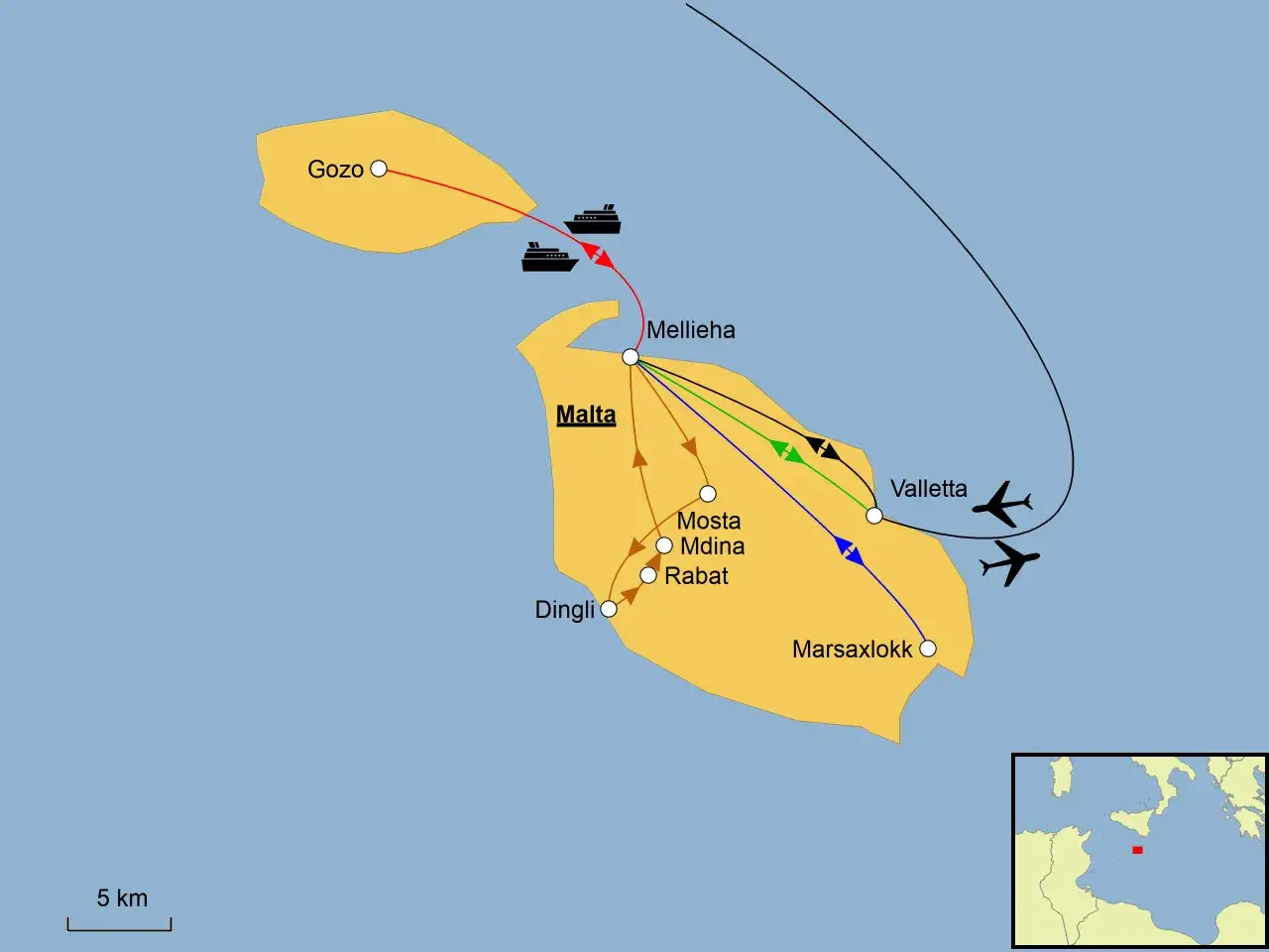 Karte zeigt Routen auf Malta und Gozo für einen Urlaub. Fähren verbinden Gozo mit Mellieħa. Flugzeuge landen bei Valletta.
